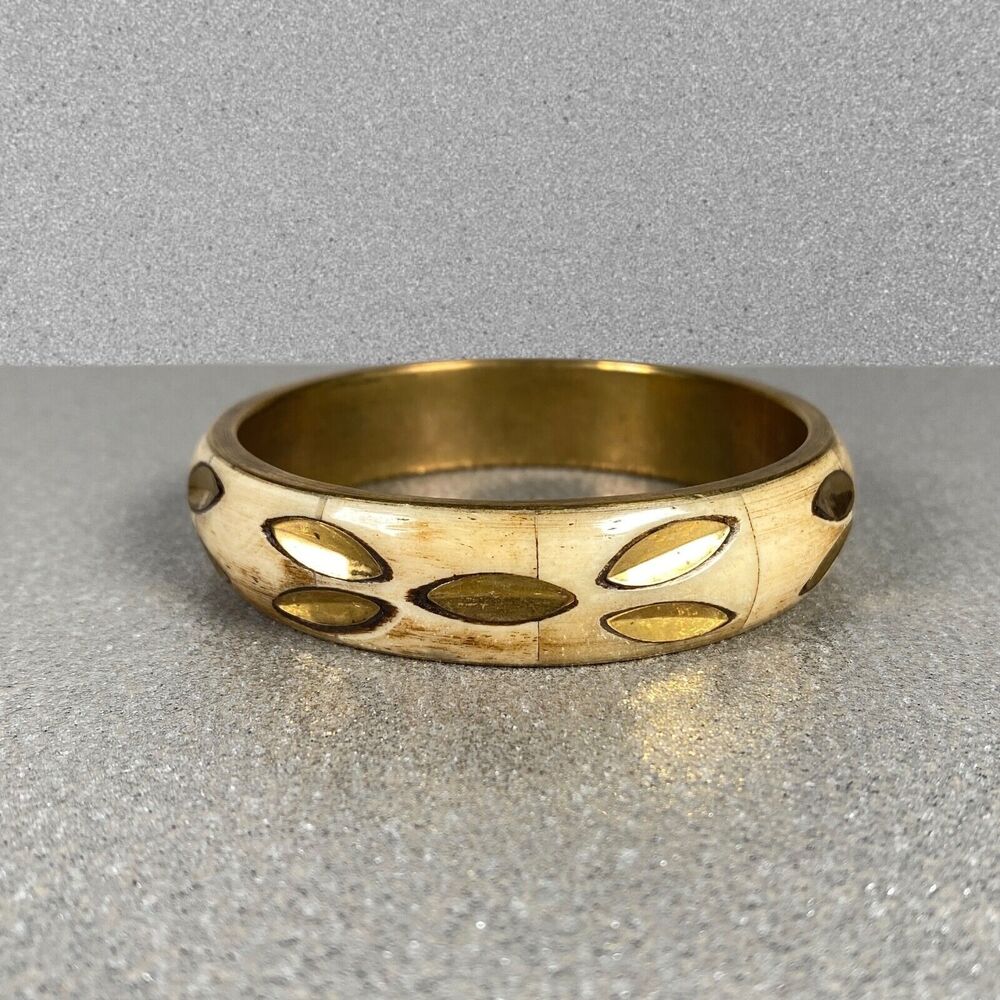Vintage Brass Bracelet Bangle Carved Bovine Bone Tile Boho Tribal Jewelry Retro